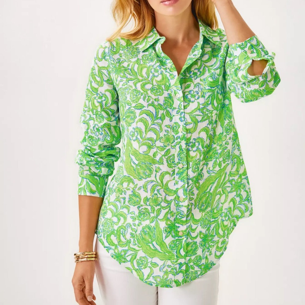 Lilly Pulitzer daffodil Green White Paisley Button-Down Shirt